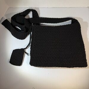 Vintage CHATEAU Crochet Crossbody Strap Purse Bag W/ Flap Coin Purse Boho Black